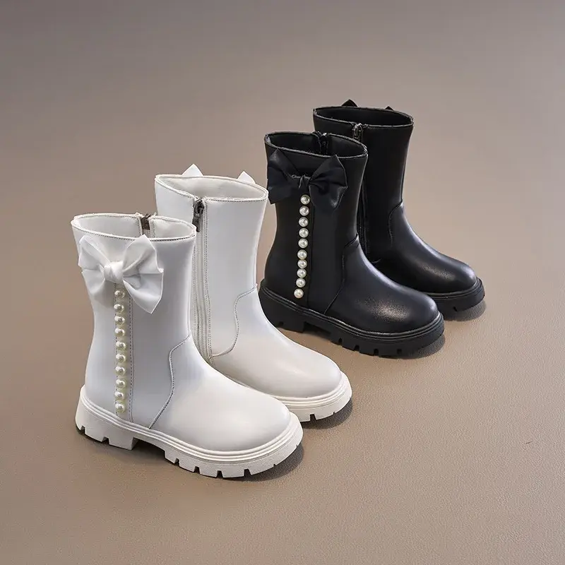 2024 Autumn Winter Children Short Boots for Girls Fashion Sweet Bowtie Elegant Beading Anti-slippery Trendy Versatile Shoes