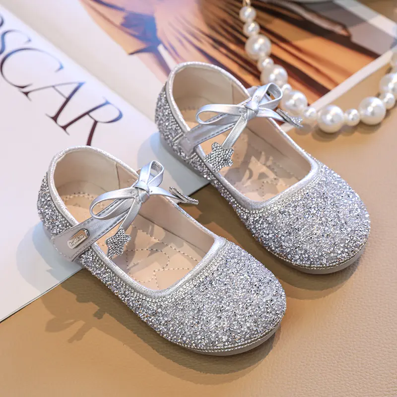Girls New Princess Shoes Luxury Sequins Children‘s Spring Autumn Leather Shoes Elegant Chic Bowknot Versatile Kids Flat Shoes