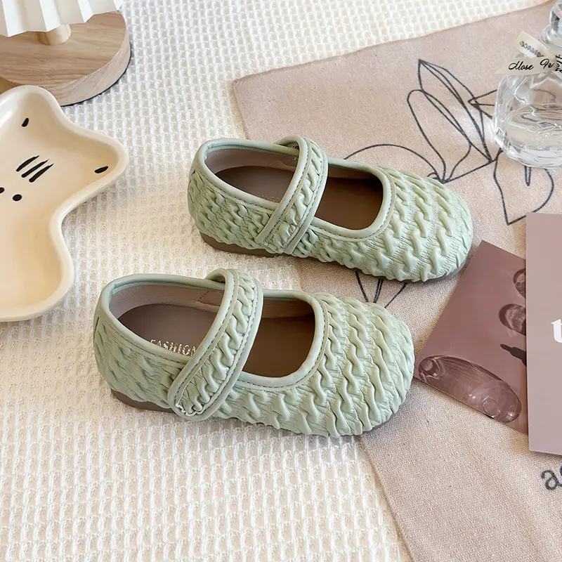 New Children's Shoe for Girl Fashion Green Beige Versatile Kids Princess Leather Shoes Trend Pleated Toddlers Causal Flat Shoes