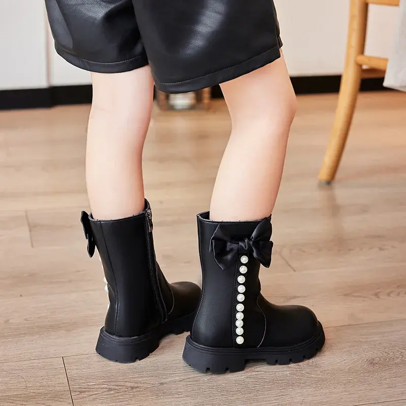2024 Autumn Winter Children Short Boots for Girls Fashion Sweet Bowtie Elegant Beading Anti-slippery Trendy Versatile Shoes