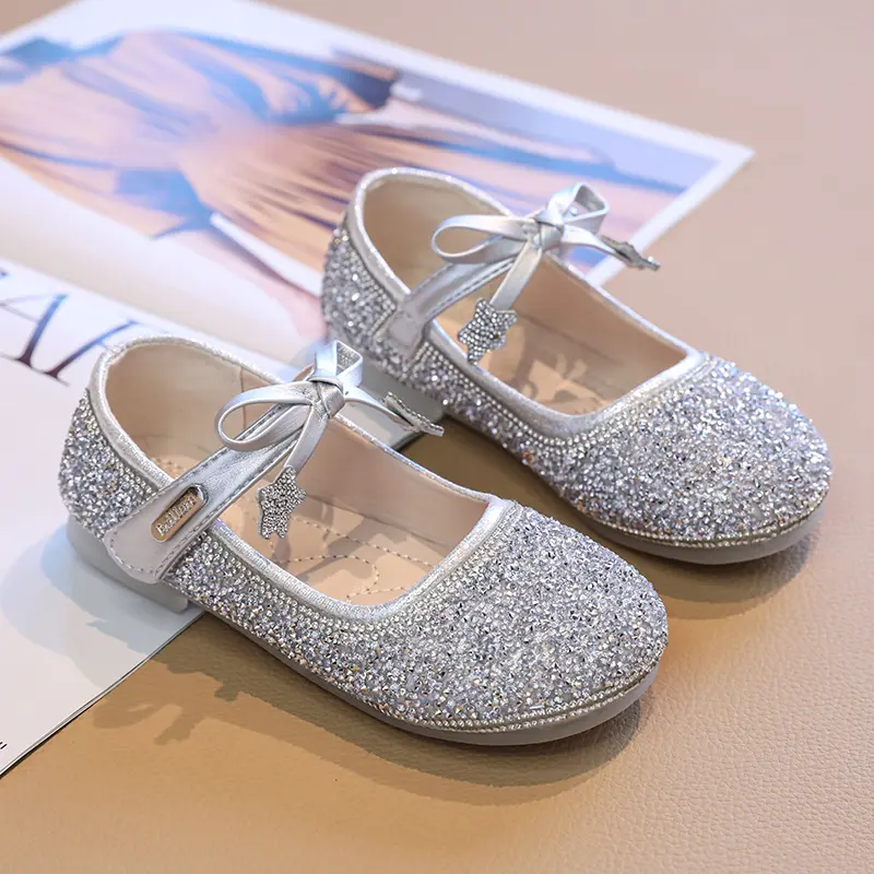 Girls New Princess Shoes Luxury Sequins Children‘s Spring Autumn Leather Shoes Elegant Chic Bowknot Versatile Kids Flat Shoes