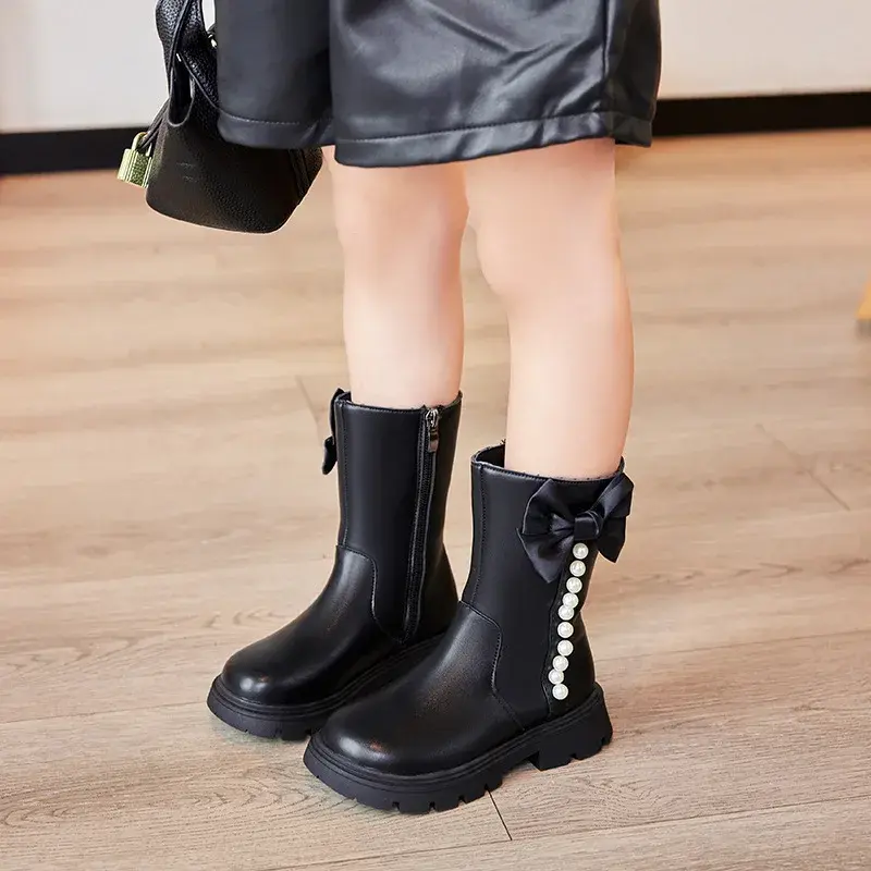 2024 Autumn Winter Children Short Boots for Girls Fashion Sweet Bowtie Elegant Beading Anti-slippery Trendy Versatile Shoes