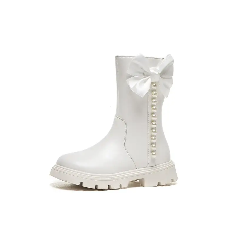 2024 Autumn Winter Children Short Boots for Girls Fashion Sweet Bowtie Elegant Beading Anti-slippery Trendy Versatile Shoes