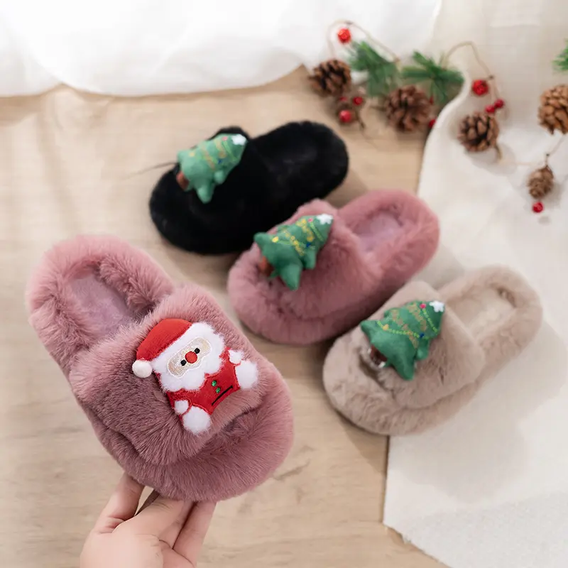 Children Warm Plush Slippers Christmas Gift Trendy for Kids Fashion Shoes 2025 Winter New Girls Flip Flops Open Toes Soft Sweet