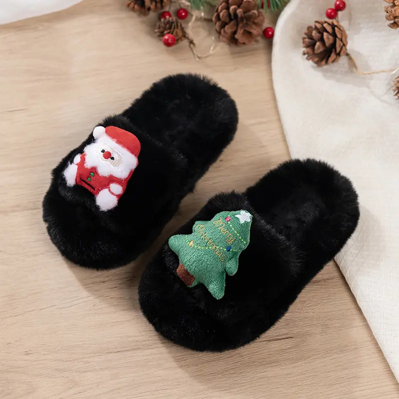 Children Warm Plush Slippers Christmas Gift Trendy for Kids Fashion Shoes 2025 Winter New Girls Flip Flops Open Toes Soft Sweet