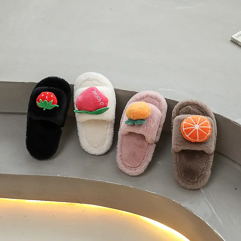 Winter New Children's Slippers Indoor Warm Furry Girls Home Cotton Slippers Cute Fruit Kids Fashion Causal Plush Flat Slippers