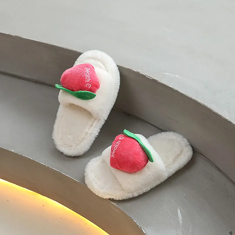 Winter New Children's Slippers Indoor Warm Furry Girls Home Cotton Slippers Cute Fruit Kids Fashion Causal Plush Flat Slippers