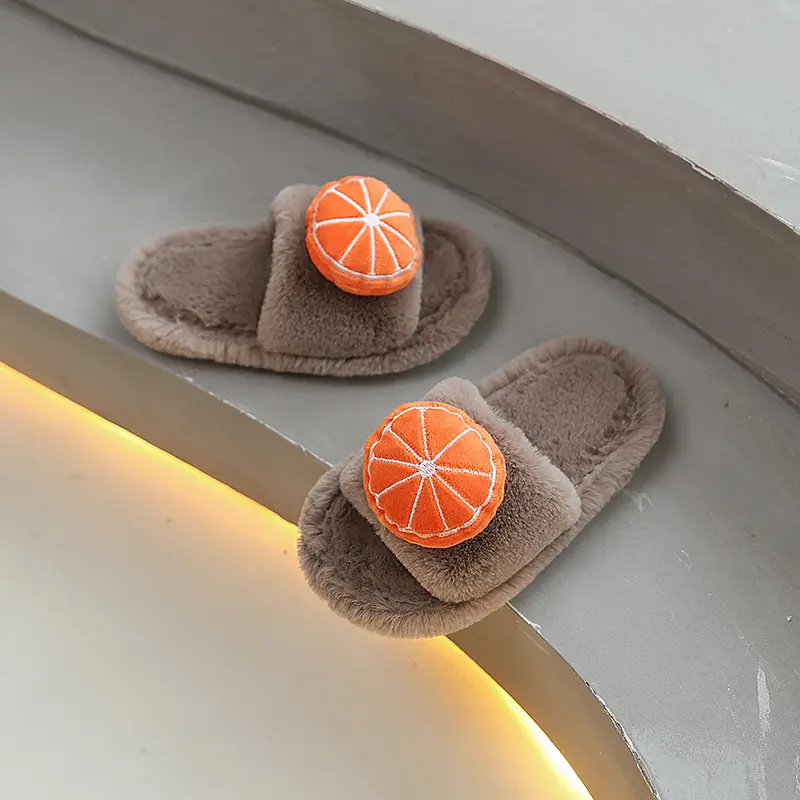 Winter New Children's Slippers Indoor Warm Furry Girls Home Cotton Slippers Cute Fruit Kids Fashion Causal Plush Flat Slippers