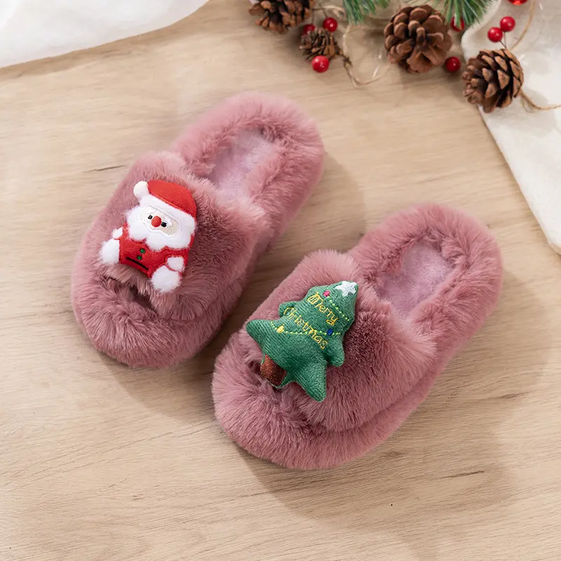 Children Warm Plush Slippers Christmas Gift Trendy for Kids Fashion Shoes 2025 Winter New Girls Flip Flops Open Toes Soft Sweet