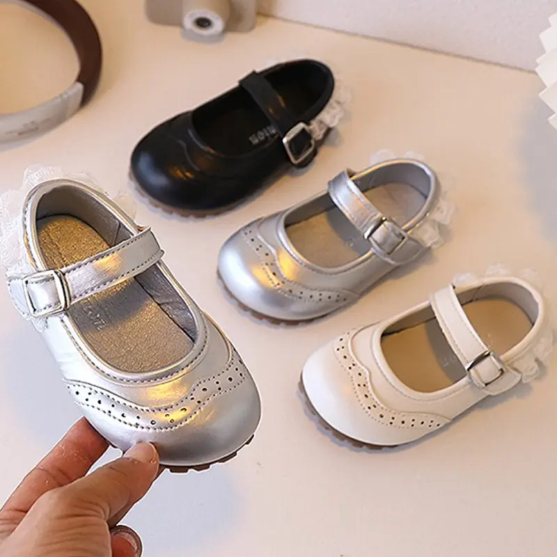 Girls Lace Flat Shoes New Spring Autumn Children's Leather Shoes Elegant Sweet Princess Causal Kids Fashion Dress Ballet Shoes