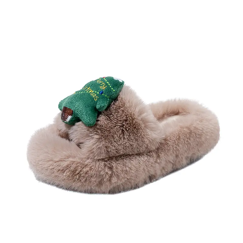 Children Warm Plush Slippers Christmas Gift Trendy for Kids Fashion Shoes 2025 Winter New Girls Flip Flops Open Toes Soft Sweet