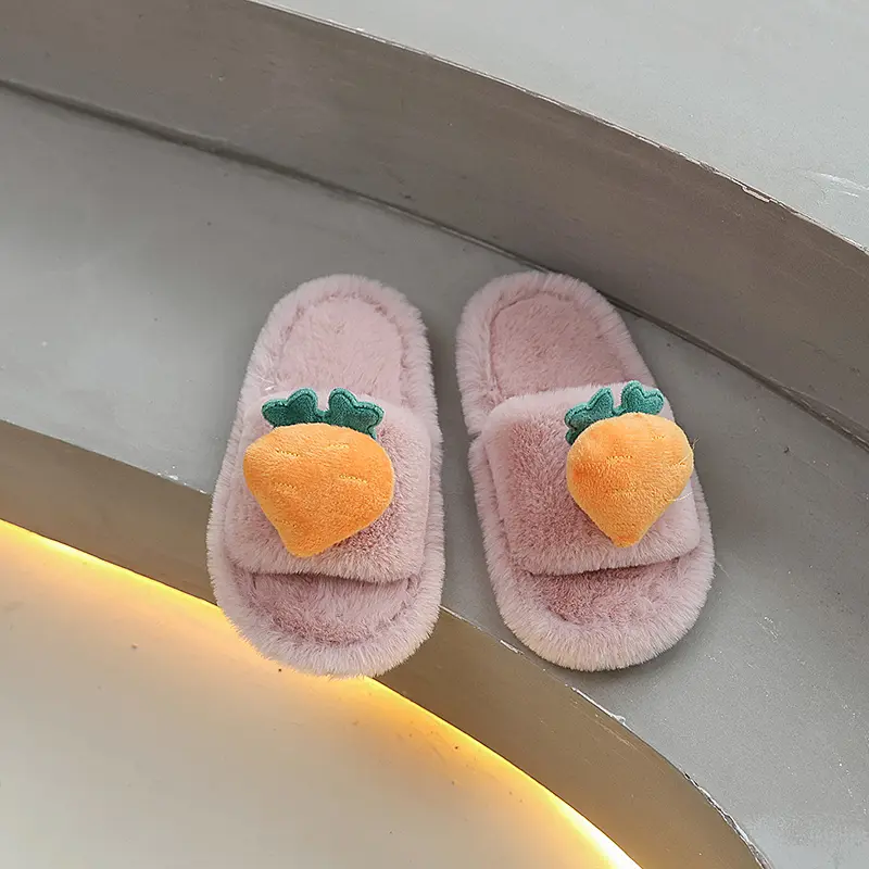 Winter New Children's Slippers Indoor Warm Furry Girls Home Cotton Slippers Cute Fruit Kids Fashion Causal Plush Flat Slippers