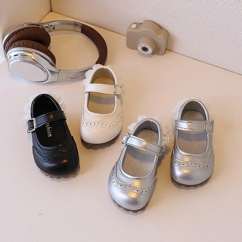Girls Lace Flat Shoes New Spring Autumn Children's Leather Shoes Elegant Sweet Princess Causal Kids Fashion Dress Ballet Shoes