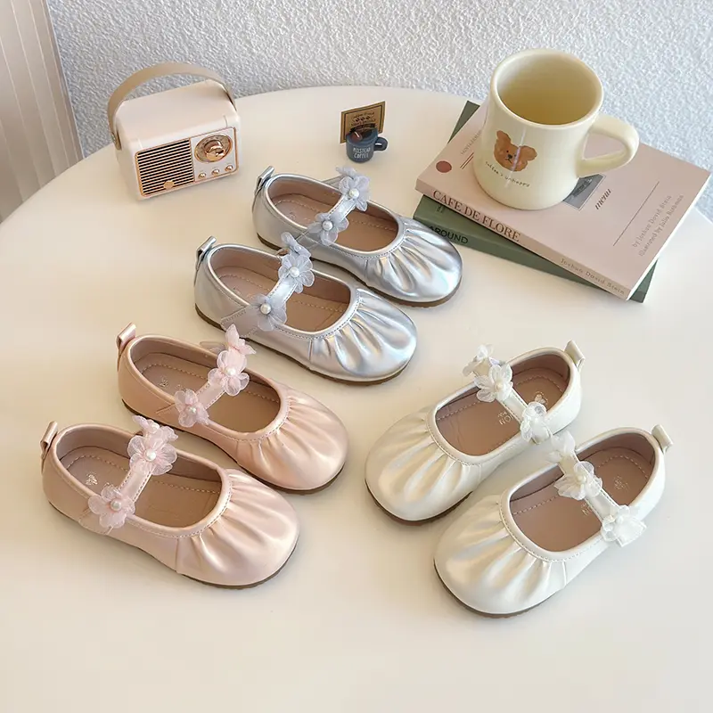 2025 Spring Autumn Little Girls Leather Shoes Princess Fashion Kids Causal Shoes Pleated Lace Children Wedding Party Flat Shoes