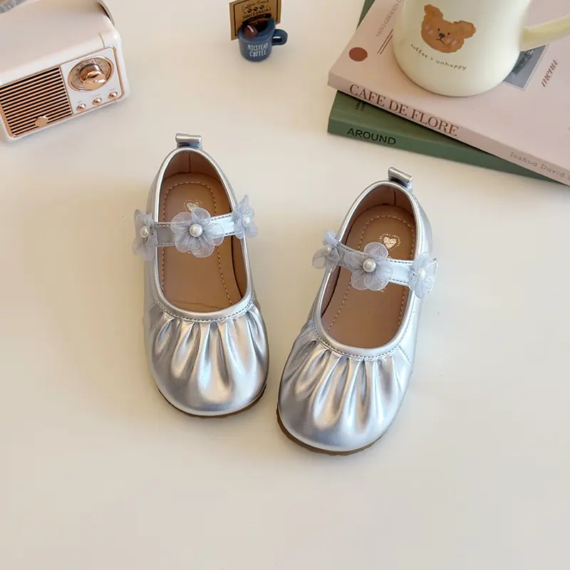 2025 Spring Autumn Little Girls Leather Shoes Princess Fashion Kids Causal Shoes Pleated Lace Children Wedding Party Flat Shoes