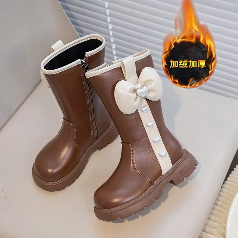 Children's Ankle Boots Girls Fashion Boots with Bow-knot Soft Bottom Love Pattern Little Kids High Leather Boots Anti-Slippery