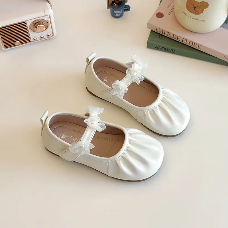 2025 Spring Autumn Little Girls Leather Shoes Princess Fashion Kids Causal Shoes Pleated Lace Children Wedding Party Flat Shoes