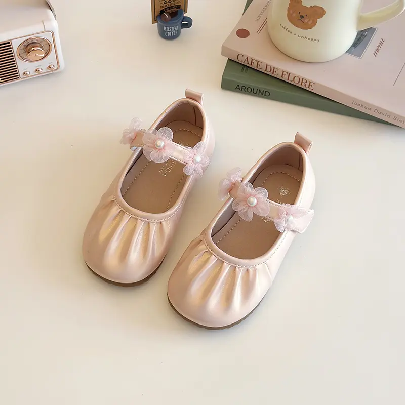 2025 Spring Autumn Little Girls Leather Shoes Princess Fashion Kids Causal Shoes Pleated Lace Children Wedding Party Flat Shoes