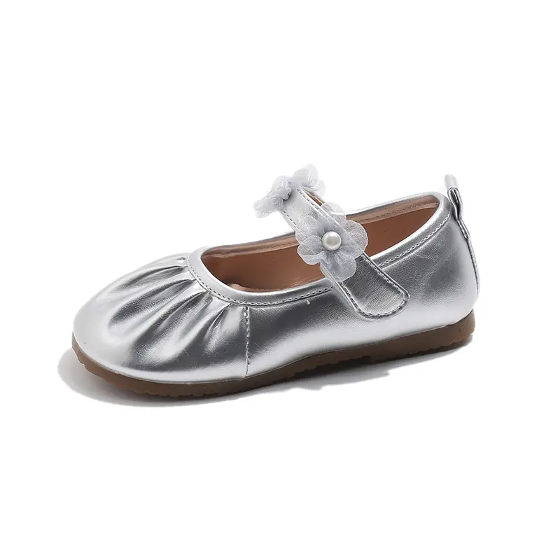 2025 Spring Autumn Little Girls Leather Shoes Princess Fashion Kids Causal Shoes Pleated Lace Children Wedding Party Flat Shoes