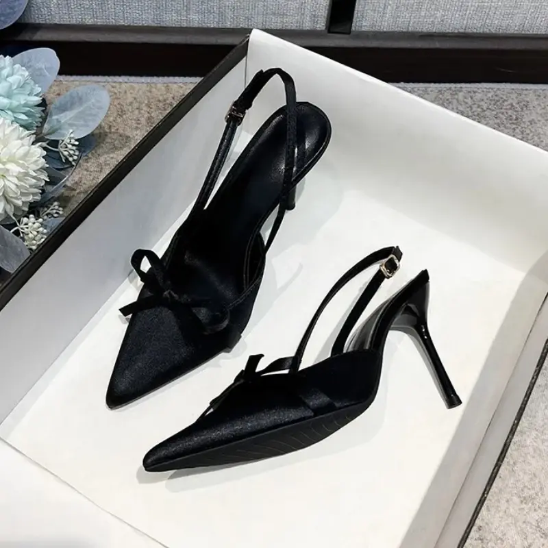 2025 New Women's Summer Sandals Chic Bowknot Ankle Strap Women Luxury High Heel Shoes Party Banquet Ladies Pointed Toe Sandals