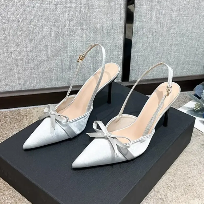 2025 New Women's Summer Sandals Chic Bowknot Ankle Strap Women Luxury High Heel Shoes Party Banquet Ladies Pointed Toe Sandals
