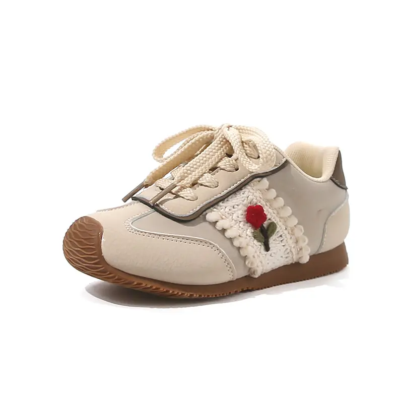 Kids Casual Shoes Toes Capped Weave Flowers Sweet for Girls Princess Sports Shoes Soft Bottom 2025 New Fashion Running Shoes