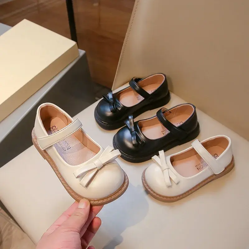 Kids Leather Shoe Solid Color Bowtie Black School Girl Shoes Fashion Round-toe Children Causal Non-slip Flat Shoes Spring Autumn