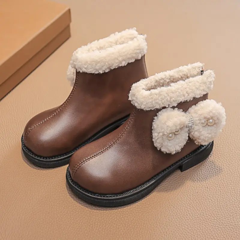 2025 Children Casual Boots for Girls Winter New Fashion Korean Style Soft Bottom Anti-slippery Versatile Princess Bowtie Shoes