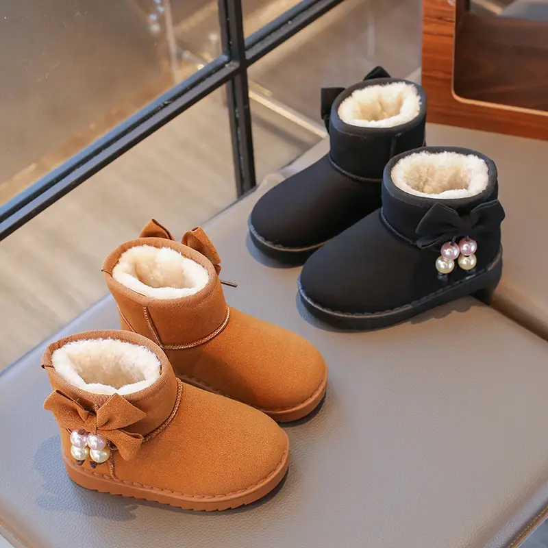 Girls Snow Boots 2025 Autumn Winter Kids Thermal Boots Warm Cotton Plush with Bow-knot Pearls Pendant Princess Sweet Anti-skid