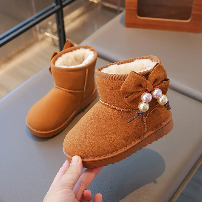 Girls Snow Boots 2025 Autumn Winter Kids Thermal Boots Warm Cotton Plush with Bow-knot Pearls Pendant Princess Sweet Anti-skid