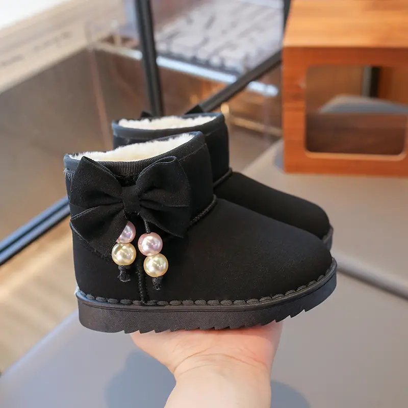 Girls Snow Boots 2025 Autumn Winter Kids Thermal Boots Warm Cotton Plush with Bow-knot Pearls Pendant Princess Sweet Anti-skid