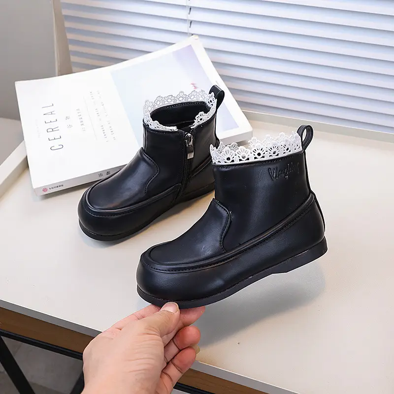 Girl's Ankle Boot Ruffled Edge Sweet Children Princess Black Boots Fashion Versatile Kids Elegant Short Leather Boots Non-slip