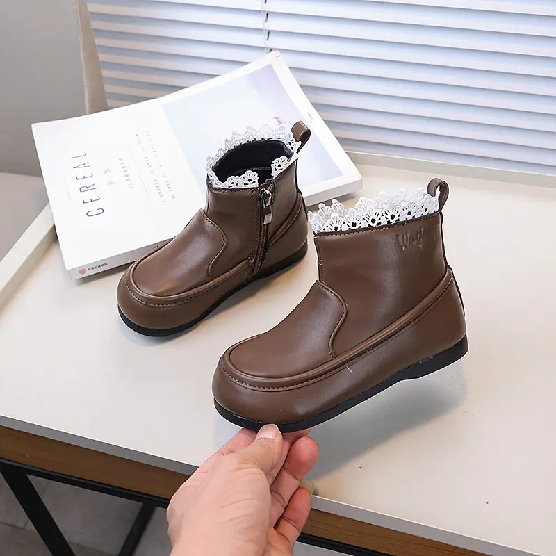 Girl's Ankle Boot Ruffled Edge Sweet Children Princess Black Boots Fashion Versatile Kids Elegant Short Leather Boots Non-slip