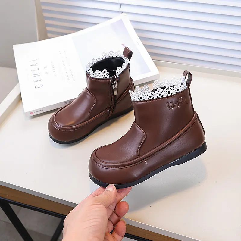 Girl's Ankle Boot Ruffled Edge Sweet Children Princess Black Boots Fashion Versatile Kids Elegant Short Leather Boots Non-slip