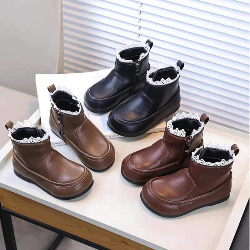 Girl's Ankle Boot Ruffled Edge Sweet Children Princess Black Boots Fashion Versatile Kids Elegant Short Leather Boots Non-slip