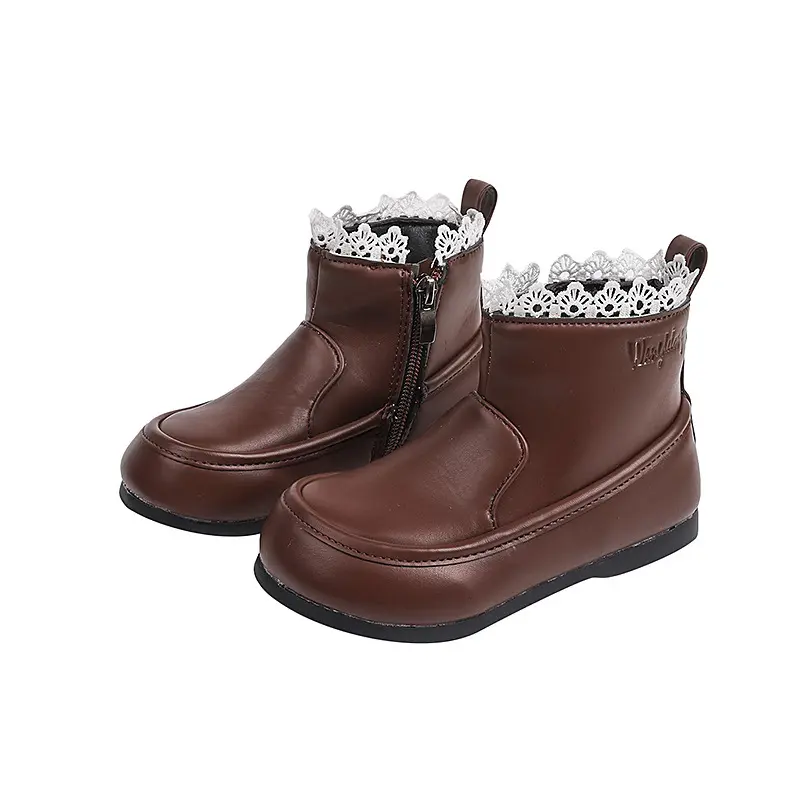 Girl's Ankle Boot Ruffled Edge Sweet Children Princess Black Boots Fashion Versatile Kids Elegant Short Leather Boots Non-slip