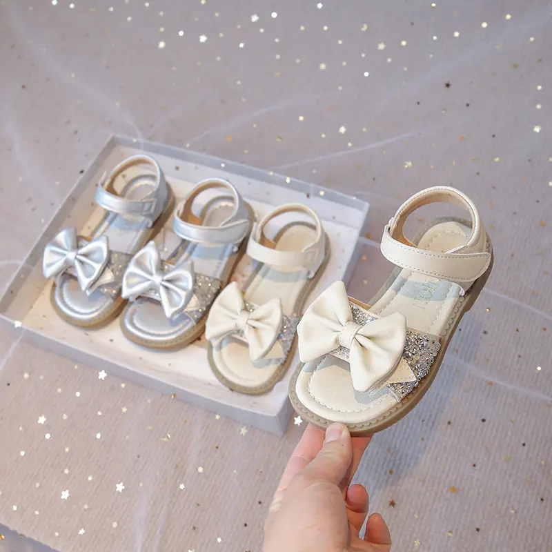 Girls Bow-knot Sandals Princess Sweet with Sequins Fashion 2025 Brand New Kids Summer Beach Shoes Open Toes Simple Classic Chic
