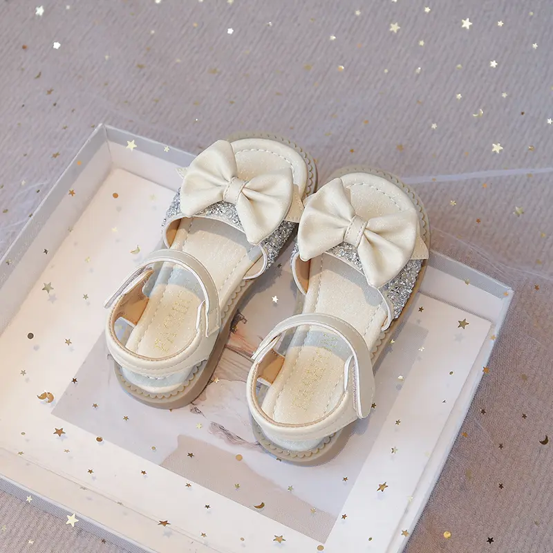Girls Bow-knot Sandals Princess Sweet with Sequins Fashion 2025 Brand New Kids Summer Beach Shoes Open Toes Simple Classic Chic