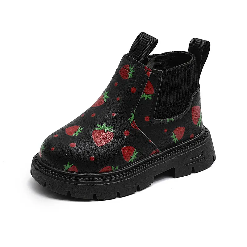 Children Leather Boots Soft Bottom Girls Fashion Boots Sweet Strawberry 2025 Autumn Winter New Kids Ankle Boots Non-slip Cute