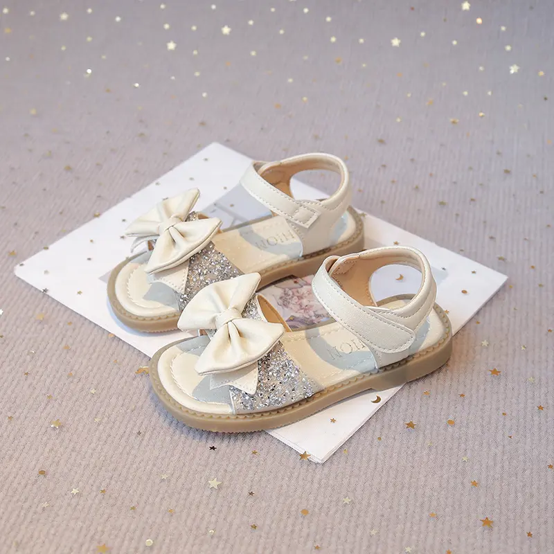 Girls Bow-knot Sandals Princess Sweet with Sequins Fashion 2025 Brand New Kids Summer Beach Shoes Open Toes Simple Classic Chic
