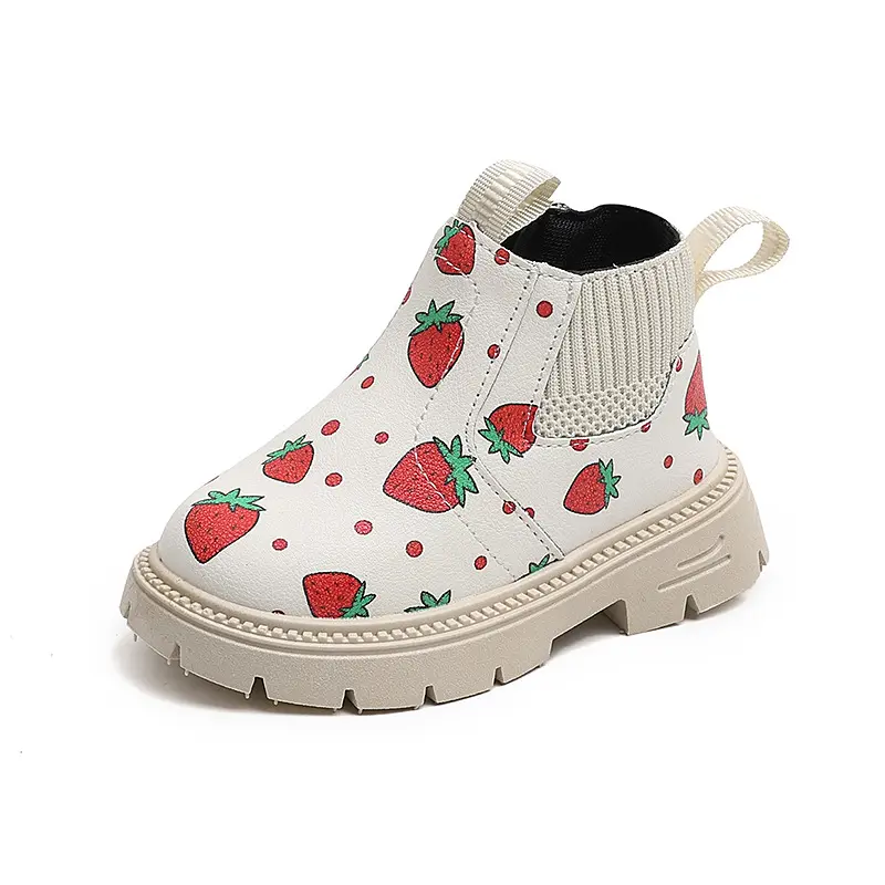 Children Leather Boots Soft Bottom Girls Fashion Boots Sweet Strawberry 2025 Autumn Winter New Kids Ankle Boots Non-slip Cute
