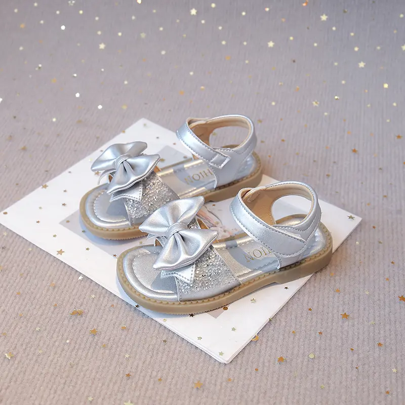 Girls Bow-knot Sandals Princess Sweet with Sequins Fashion 2025 Brand New Kids Summer Beach Shoes Open Toes Simple Classic Chic