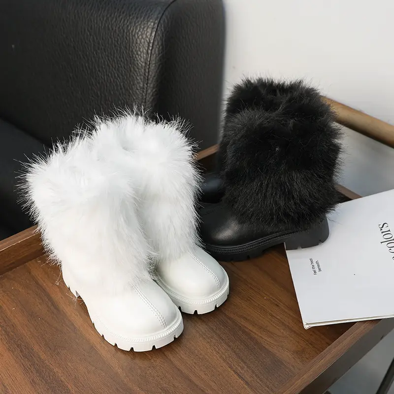 Girls High Boots Thick Warm Fluffy Black White Fashion Kids Winter Boots Platform Children Leather Long Boots New Side Zipper