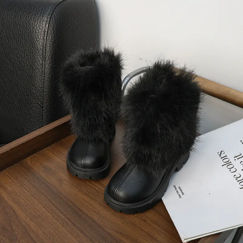 Girls High Boots Thick Warm Fluffy Black White Fashion Kids Winter Boots Platform Children Leather Long Boots New Side Zipper