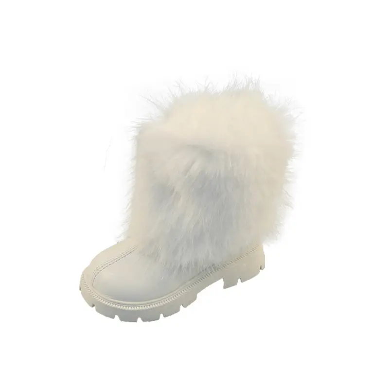 Girls High Boots Thick Warm Fluffy Black White Fashion Kids Winter Boots Platform Children Leather Long Boots New Side Zipper