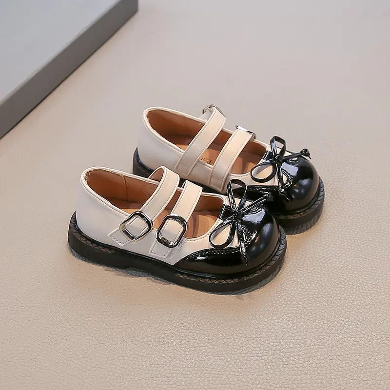 New Girls Leather Shoes Spring Autumn Patchwork Children Dress Flat Shoes Sweet Bowknot Kids Fashion Princess Performance Shoes