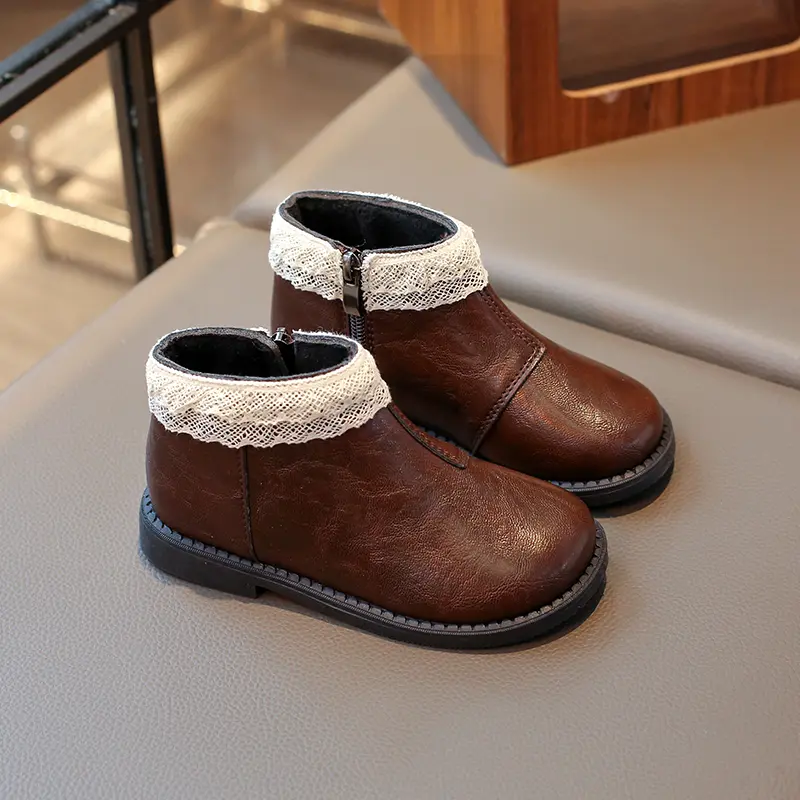 Little Girls Fashion Ankle Boots Lace Princess Sweet Autumn Winter Warm Boots PU Leather Kids Ruffles Shoes Anti-skid 21-30 Soft