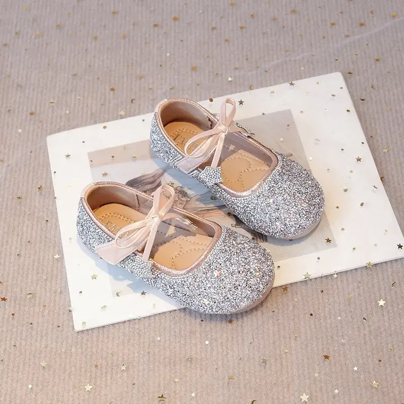 Girls Princess Shoes Round Toes Sweet Bows 2025 New Kids Dance Shoes Shiny Sequins Children Flats Pu Non-slip Performance Shoes