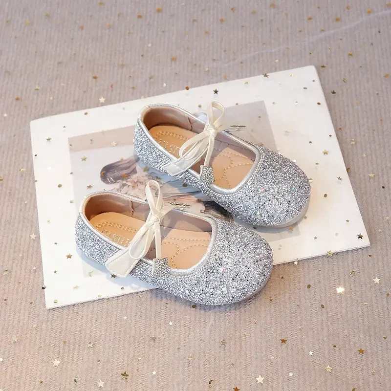 Girls Princess Shoes Round Toes Sweet Bows 2025 New Kids Dance Shoes Shiny Sequins Children Flats Pu Non-slip Performance Shoes