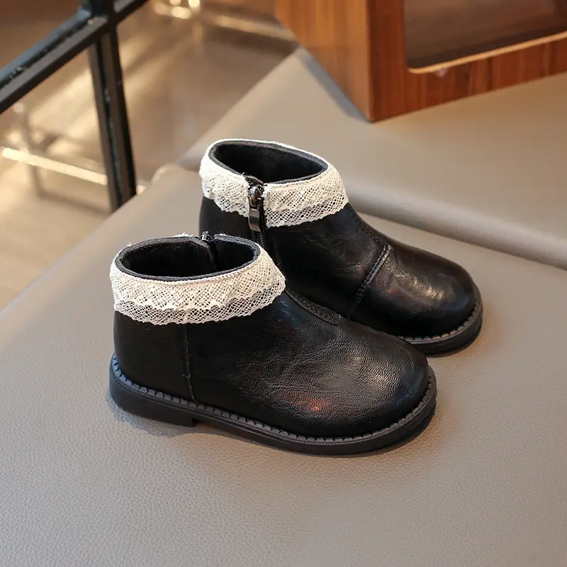 Little Girls Fashion Ankle Boots Lace Princess Sweet Autumn Winter Warm Boots PU Leather Kids Ruffles Shoes Anti-skid 21-30 Soft